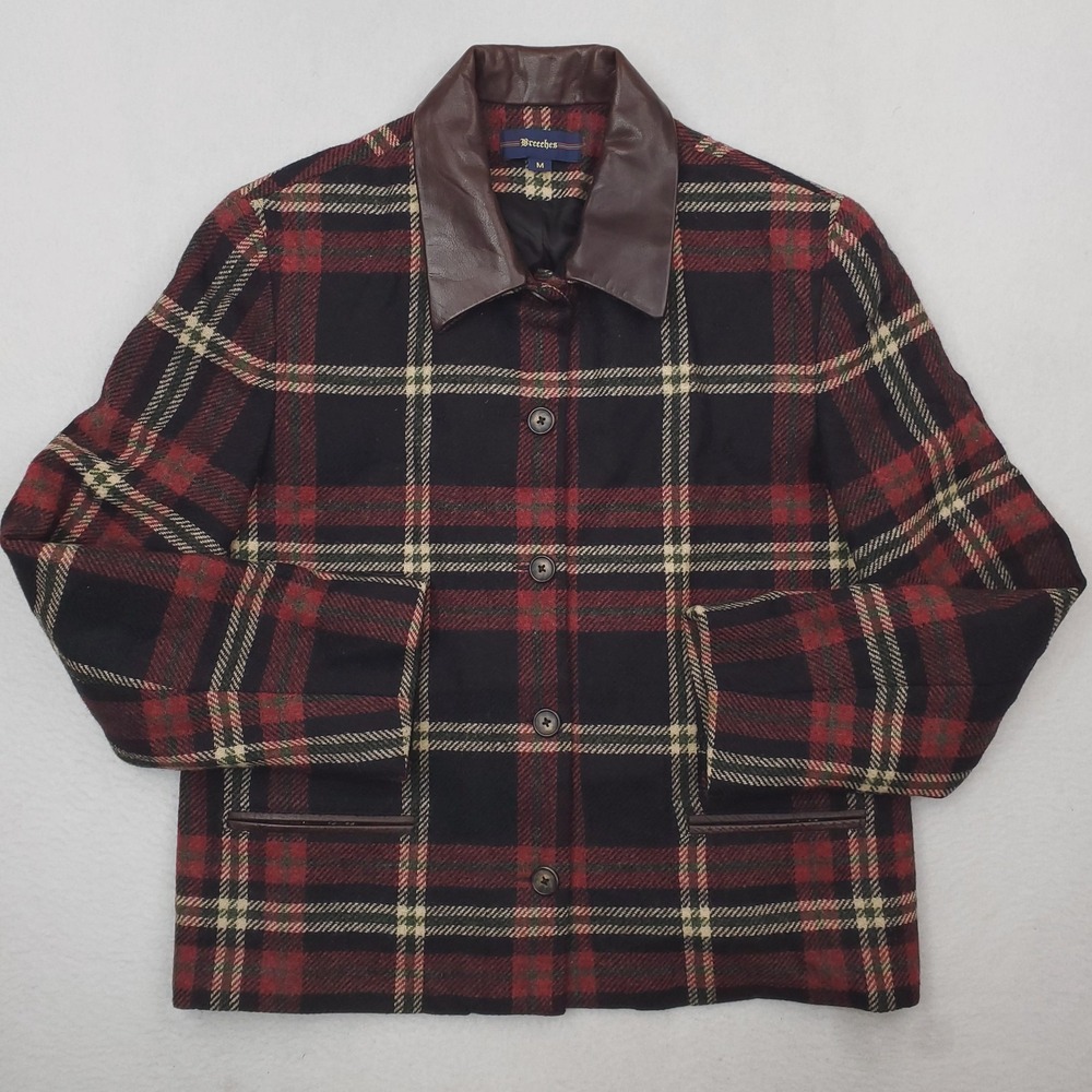 Vintage Breeches Jacket Womens Medium Red Plaid Wool Leather Collar Bomber USA
